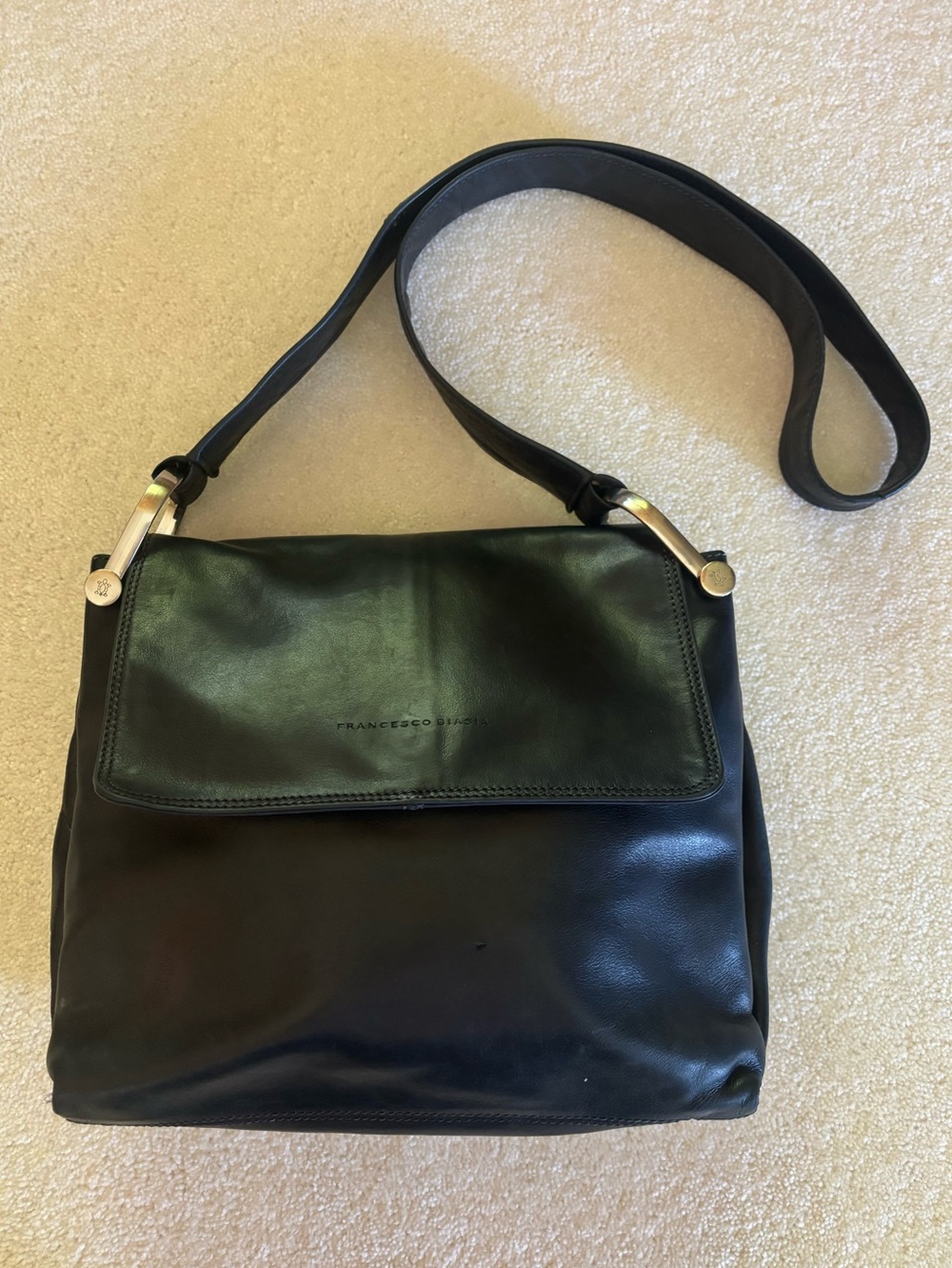 Francesco Biasia Italian Black Leather Shoulder Bag with stainless hardware